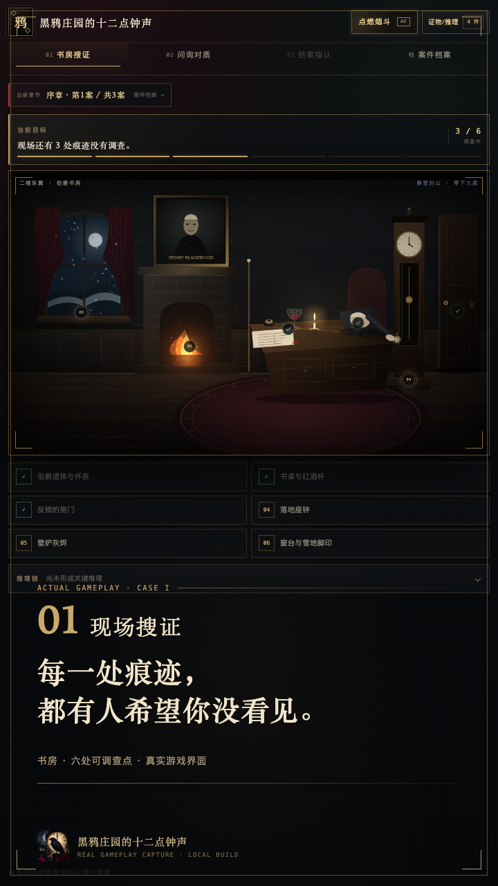 书房现场搜证界面，壁炉、书桌与六处调查点
