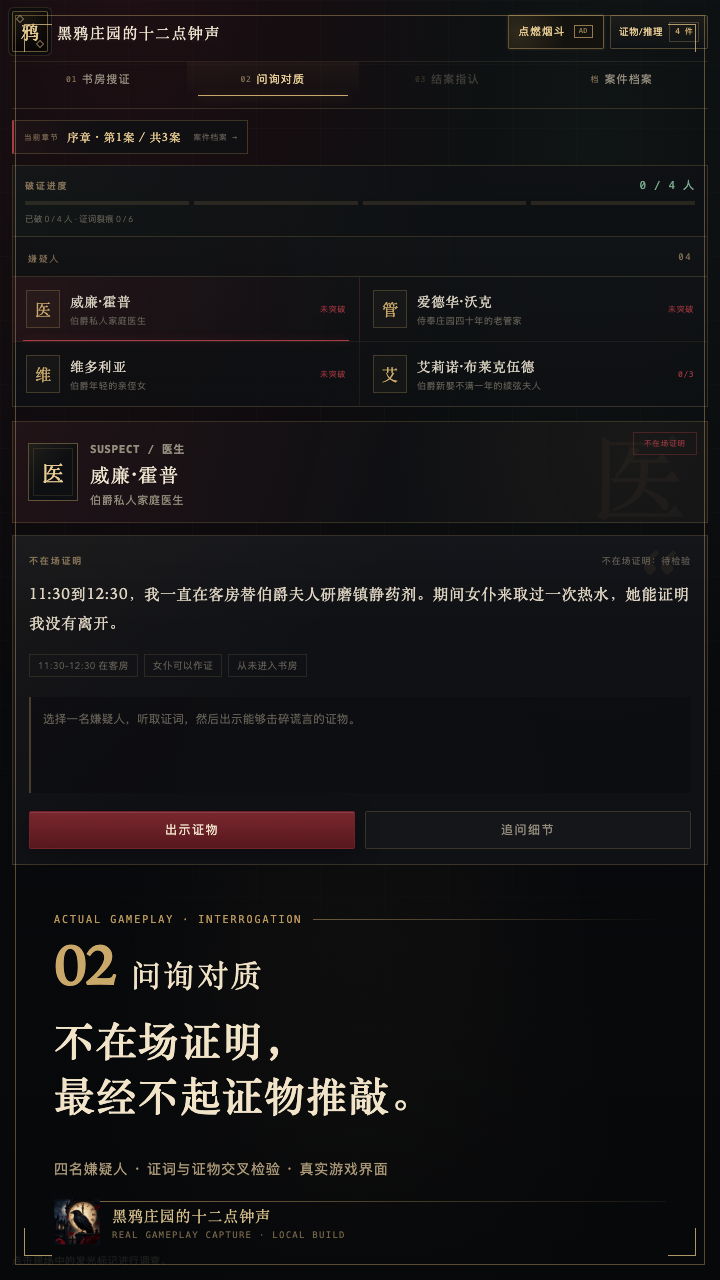 问询对质界面，嫌疑人与证词记录